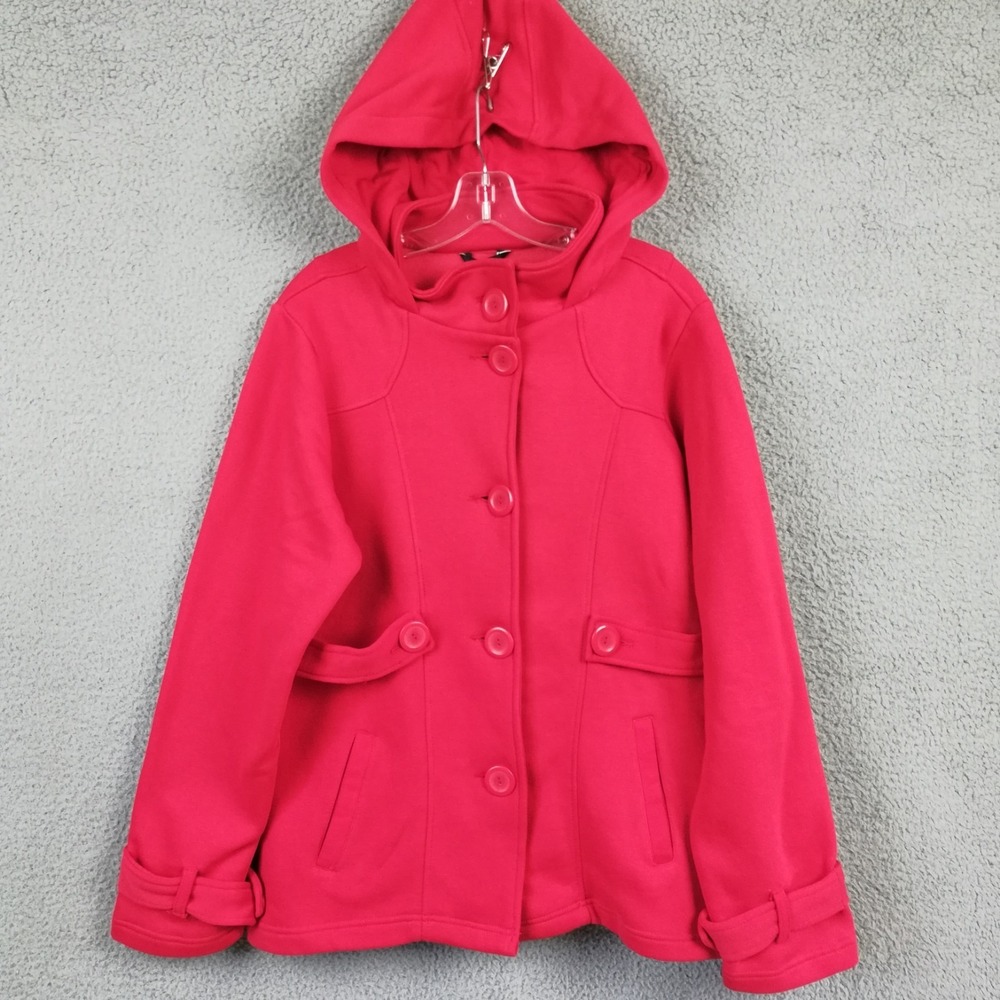 Angee Womens Coat Peacoat Hooded Red Jersey Knit Fleece Button Front L New